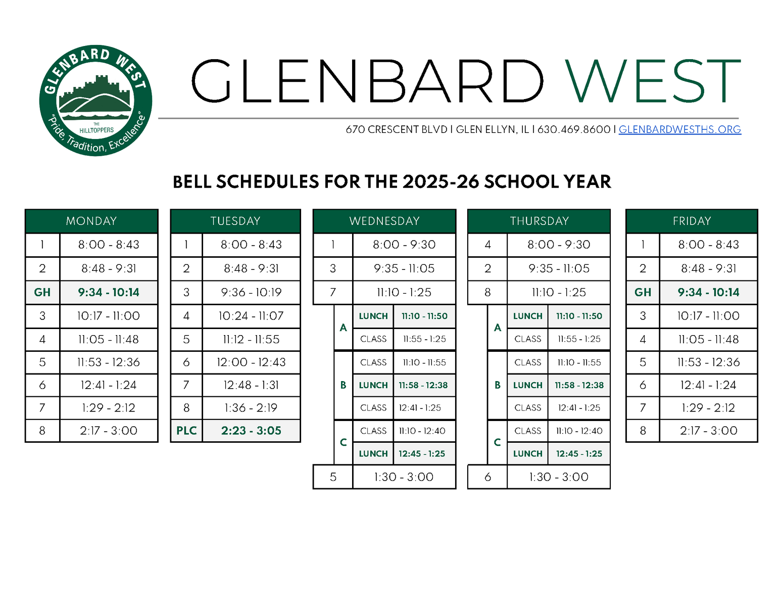 Glenbard West bell schedule for 2025-25 school year